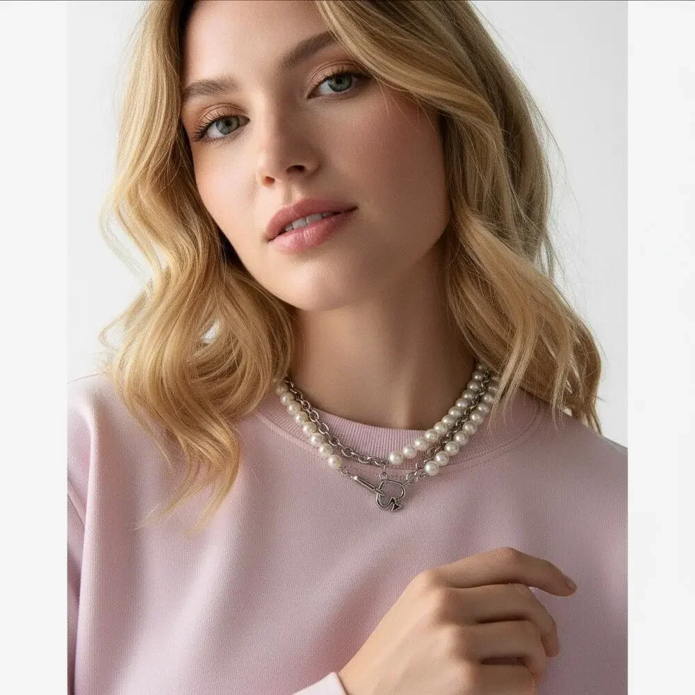 Kate Spade Statement Spade Pearl Wrap Necklace Cream Silver KM163 NWT